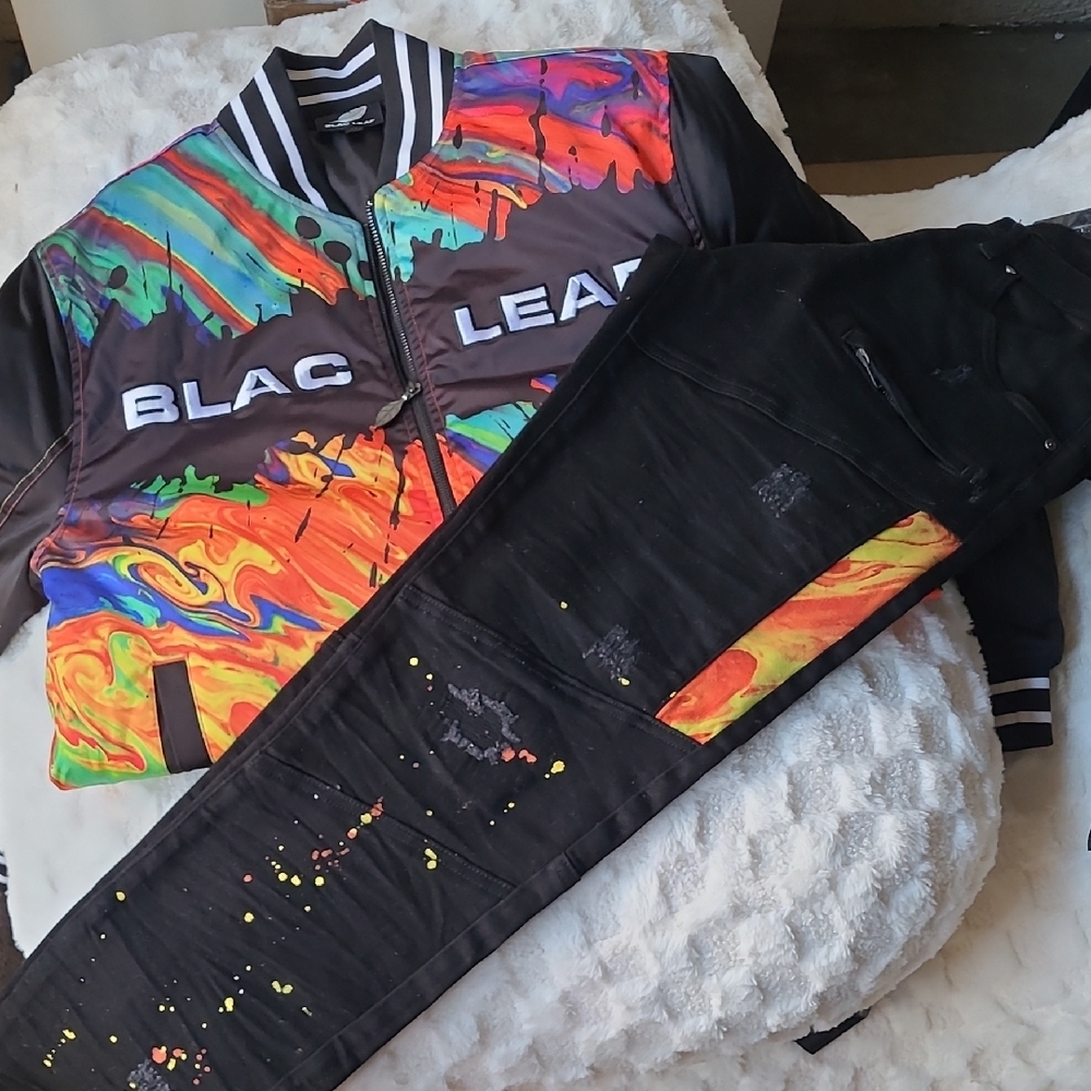 Colorful Graphic Jacket and Black Jeans Set